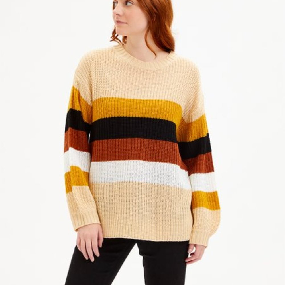 Evelyn Taylor Beige & Mustard Stripe Sweater / Size L / NWT